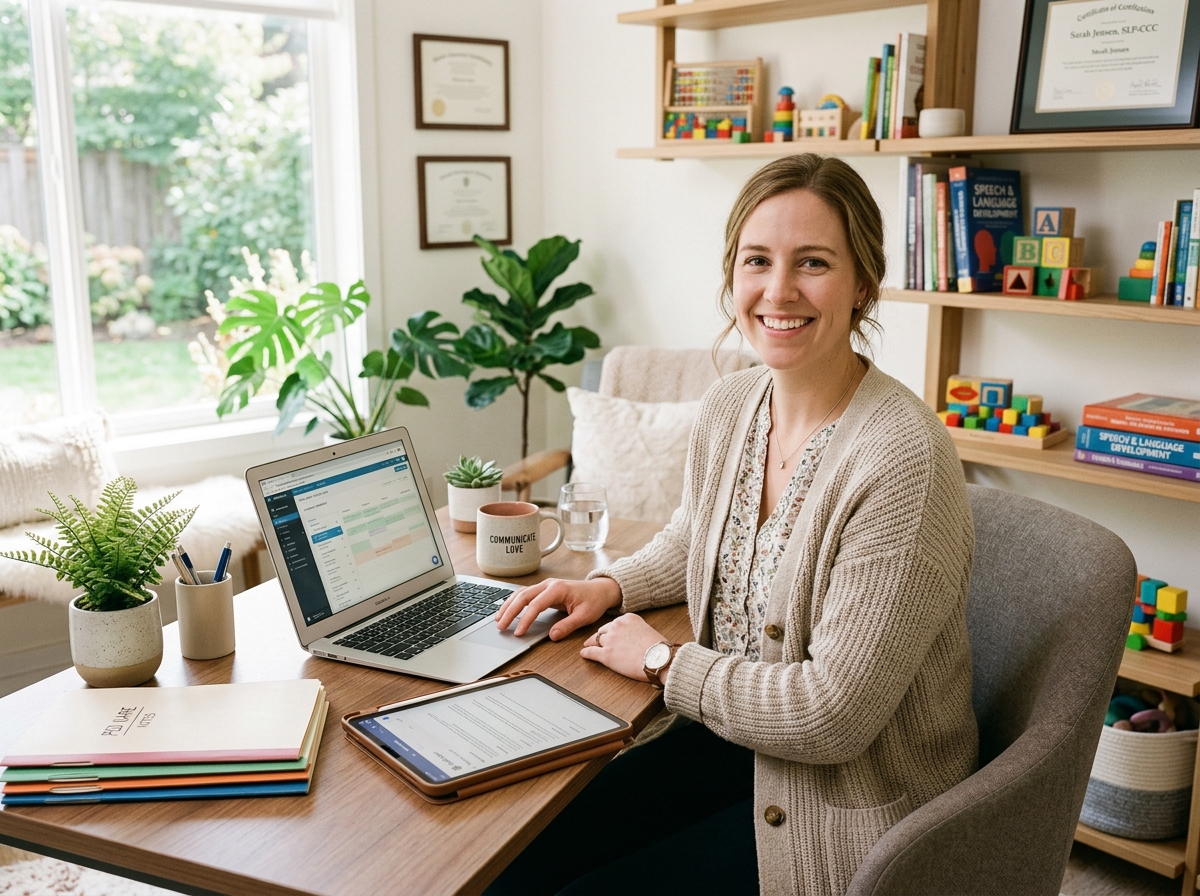 Speech-language pathologist working comfortably at her desk in a bright private practice clinic