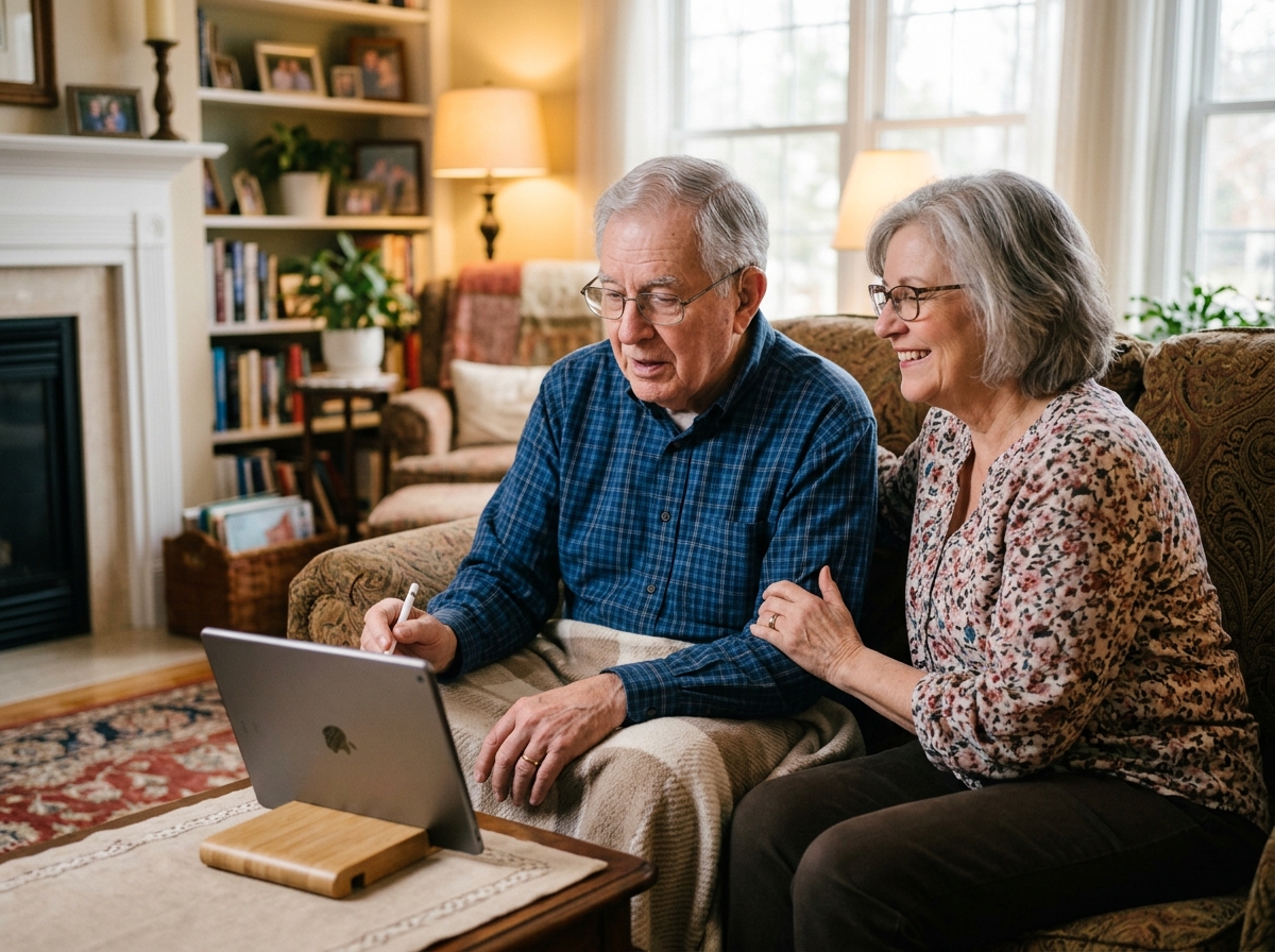 Senior male stroke survivor and caregiver doing speech exercises together at home, tablet showing practice assignment