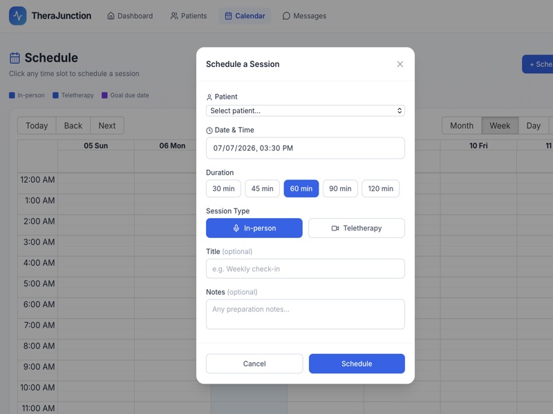 Clean UI mockup of calendar and scheduling interface with patient names and reminder badges